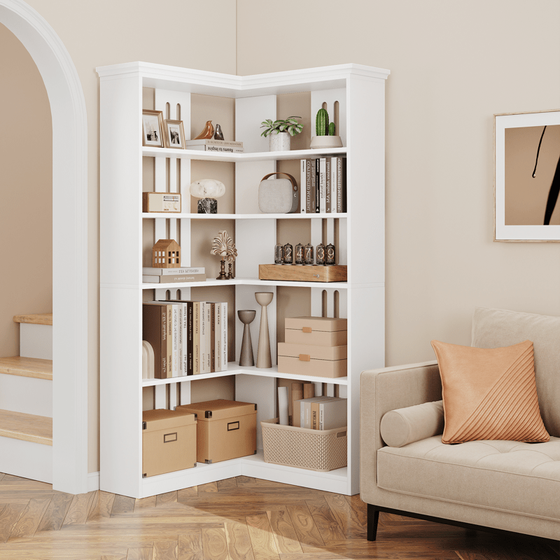 Cabihome 72. 8 Inch L-Shaped Corner Bookcase, 5-Layer Large Modern Bookshelf, Vertical Bookcase, Floor-standing Display Cabinet Storage Rack for Home Office, Living Room, Hallway, Study, Bedroom (White\u002F Vintage Color)