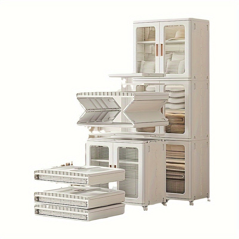3 Tier High Capacity Stackable Plastic Storage Bins With Lids, Wheel, and Transparent Door Panels, Collapsible Folding Storage Containers For Closet Organizer Bedroom Home