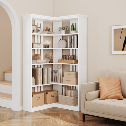 Cabihome 72. 8 Inch L-Shaped Corner Bookcase, 5-Layer Large Modern Bookshelf, Vertical Bookcase, Floor-standing Display Cabinet Storage Rack for Home Office, Living Room, Hallway, Study, Bedroom (White\u002F Vintage Color)