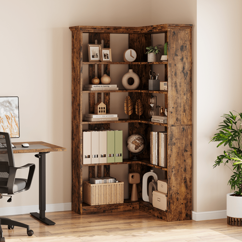 Cabihome 72. 8 Inch L-Shaped Corner Bookcase, 5-Layer Large Modern Bookshelf, Vertical Bookcase, Floor-standing Display Cabinet Storage Rack for Home Office, Living Room, Hallway, Study, Bedroom (White\u002F Vintage Color)