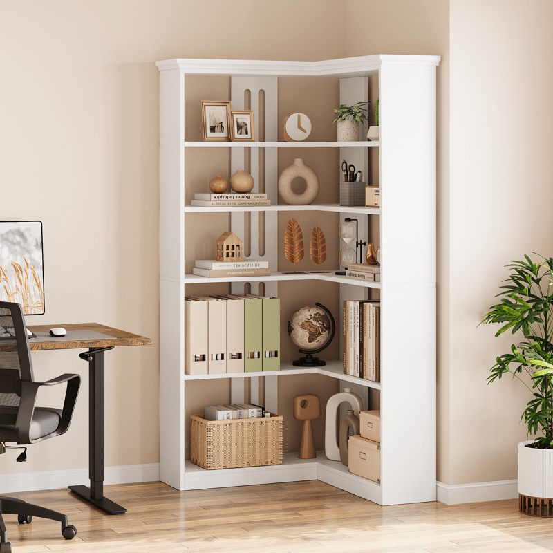 Cabihome 72. 8 Inch L-Shaped Corner Bookcase, 5-Layer Large Modern Bookshelf, Vertical Bookcase, Floor-standing Display Cabinet Storage Rack for Home Office, Living Room, Hallway, Study, Bedroom (White\u002F Vintage Color)