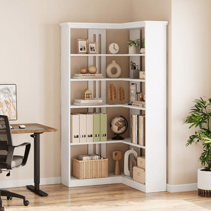 Cabihome 72. 8 Inch L-Shaped Corner Bookcase, 5-Layer Large Modern Bookshelf, Vertical Bookcase, Floor-standing Display Cabinet Storage Rack for Home Office, Living Room, Hallway, Study, Bedroom (White\u002F Vintage Color)