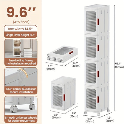 3 Tier High Capacity Stackable Plastic Storage Bins With Lids, Wheel, and Transparent Door Panels, Collapsible Folding Storage Containers For Closet Organizer Bedroom Home