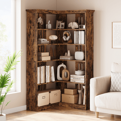 Cabihome 72. 8 Inch L-Shaped Corner Bookcase, 5-Layer Large Modern Bookshelf, Vertical Bookcase, Floor-standing Display Cabinet Storage Rack for Home Office, Living Room, Hallway, Study, Bedroom (White\u002F Vintage Color)